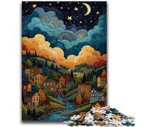Jigsaw Puzzles for Teenagers Village Under The Night Sky, Analysis And Logic with Fully Interlocking Randomly Shaped Pieces for And Age 14 Years Up 50X75CM