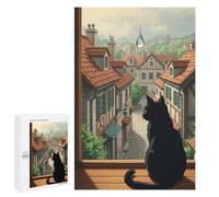 Jigsaw Puzzles for Teenagerss 1000 PCS Black Cat Gazing at Rainy Town Puzzle for Adults Brain Teaser Game Difficult Hard Unique Birthday And Gifts 1000 PCS