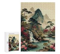 Jigsaw Puzzles for Teenagerss 300 PCS Asian Landscape with Waterfall And Flowers Jigsaws for Adults Family Games Enhance Memory Unique Birthday And Gifts 300 PCS