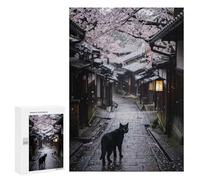 Jigsaw Puzzles for Teenagerss 300 PCS Black Cat in Japanese Cherry Blossom Alley Puzzle for Adults Brain Teaser Game Difficult Hard Unique Birthday And Gifts 300 PCS