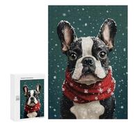 Jigsaw Puzzles for Teenagerss 300 PCS Boston Terrier in Christmas Outfit Festive Dog Wall Art Puzzles for Adults Fun Games Analysis And Logic Parent-child Interaction 300 PCS