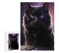Jigsaw Puzzles for Teenagerss 300 PCS Enchanted Black Cat with Purple Eyes Jigsaw Family Game Perfect Decoration Unique Gifts for Birthday And Christmas 300 PCS
