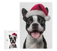 Jigsaw Puzzles for Teenagerss 300 PCS Festive Boston Terrier with Santa Hat Adult Puzzles Relax Games But Fun And Humorous for Is Ideal As A Gift 300 PCS