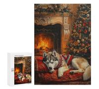 Jigsaw Puzzles for Teenagerss 300 PCS Sleeping Husky Dog by Fireplace Christmas Scene Adult Puzzles Toy Wall Decor Staycation Kill Time Stress Reduction Gifts 300 PCS