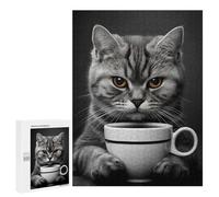Jigsaw Puzzles for Teenagerss 500 PCS Grey Cat with A Coffee Cup Puzzles for Adults Fun Games Analysis And Logic Parent-child Interaction 500 PCS