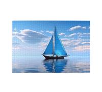 Jigsaw Puzzles1000 Piece Whjdpp Blue Sailboat Picture Educational Intellectual Wooden Puzzles, Fun Puzzles, Stress Relieving Game