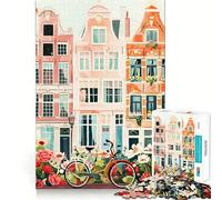 Jigsaw Puzzles1000 Pieces Amsterdam Houses And Bicycle Art Clean Fit Decor Mental Skill Game Cozy Time Play Christmas Wall Decor (38x52cm)