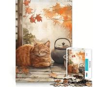 Jigsaw Puzzles1000 Pieces Autumn Cat Nap with Tea Clean Fit Decor Mental Skill Game Cozy Time Play Christmas Wall Decor (38x52cm)