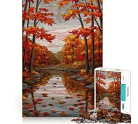 Jigsaw Puzzles1000 Pieces Autumn Forest River Stained Glass Style Clean Fit Decor Mental Skill Game Cozy Time Play Christmas Wall Decor (38x52cm)