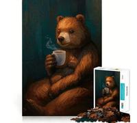 Jigsaw Puzzles1000 Pieces Bear with Coffee Cup Painting Sharp Joint Play Creative Brain Play Cozy Time Game Birthday Art Gift (50x75cm)