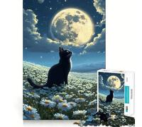 Jigsaw Puzzles1000 Pieces Black Cat Gazing at The Moon Premium Cut Play Mind Exercise Toy Peace Fun Time Birthday Fun Gift (38x52cm)