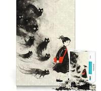 Jigsaw Puzzles1000 Pieces Black Cat Ghosts Yokai Clean Cut Piece Cognitive Skill Toy Calm Time Fun Christmas Art Display (38x26cm)