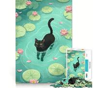 Jigsaw Puzzles1000 Pieces Black Cat in A Lily Pond Premium Cut Play Mind Exercise Toy Peace Fun Time Birthday Fun Gift (38x52cm)
