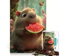 Jigsaw Puzzles1000 Pieces Capybara Eating Watermelon in A Forest Clean Cut Piece Cognitive Skill Toy Calm Time Fun Christmas Art Display (38x26cm)