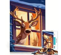 Jigsaw Puzzles1000 Pieces Cartoon Deer Looking Through Window Clean Cut Piece Cognitive Skill Toy Calm Time Fun Christmas Art Display (38x26cm)