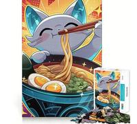Jigsaw Puzzles1000 Pieces Cat Eating Ramen Clean Cut Piece Cognitive Skill Toy Calm Time Fun Christmas Art Display (50x75cm)