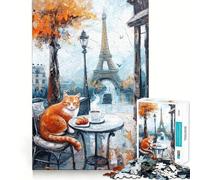 Jigsaw Puzzles1000 Pieces Cat in Paris Cafe Painting Premium Cut Play Mind Exercise Toy Peace Fun Time Birthday Fun Gift (50x75cm)
