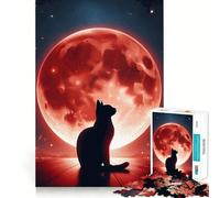 Jigsaw Puzzles1000 Pieces Cat Silhouette Under Red Moon Smooth Joint Fun Thinking Skill Game Casual Game Time Christmas Art Display (38x52cm)