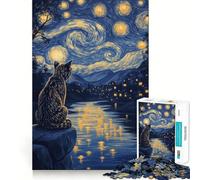 Jigsaw Puzzles1000 Pieces Cat Under Starry Night Sharp Cut Art Focus Building Toy Chill Time Play Birthday Fun Play (38x26cm)