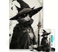 Jigsaw Puzzles1000 Pieces Cat Witch with Staff in Forest Sharp Cut Art Focus Building Toy Chill Time Play Birthday Fun Play (38x52cm)