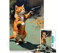 Jigsaw Puzzles1000 Pieces Cat with Gun Fine Joint Fun Cognitive Fun Play Quiet Game Time Birthday Art Gift (38x52cm)