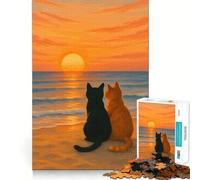 Jigsaw Puzzles1000 Pieces Cats Watching Sunset at The Beach Fine Joint Fun Cognitive Fun Play Quiet Game Time Birthday Art Gift (38x26cm)