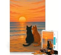 Jigsaw Puzzles1000 Pieces Cats Watching Sunset at The Beach Sharp Cut Art Focus Building Toy Chill Time Play Birthday Fun Play (50x75cm)