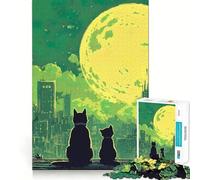 Jigsaw Puzzles1000 Pieces Cats Watching The Moon over Cityscape Flawless Edge Fun Brain Teaser Gift Relax Time Game Birthday Art Gift (38x26cm)