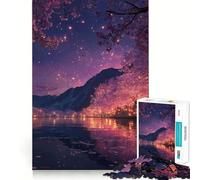 Jigsaw Puzzles1000 Pieces Cherry Blossoms at Night by The Lake Sharp Cut Art Focus Building Toy Chill Time Play Birthday Fun Play (38x52cm)
