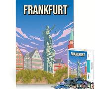 Jigsaw Puzzles1000 Pieces Frankfurt Germany Vintage Travel Poster Römerberg Lady Justice Precise Joint Play Brain Activity Fun Free Time Game Birthday Art Gift (50x75cm)