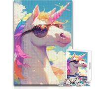 Jigsaw Puzzles1000 Pieces Rainbow Unicorn with Sunglasses Great for Cozy Indoor Downtime Durable Precision Interlock Play Toy Size 38x26cm