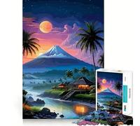Jigsaw Puzzles1000 Pieces Tropical Island Landscape with Mountain And Moon Clean Cut Piece Cognitive Skill Toy Calm Time Fun Christmas Art Display (50x75cm)