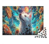 Jigsaw White Wolf in Sunflower Field Under Sun Puzzle Fun Challenge Educational Toy, Wildlife Home Decoration Challenging, Great Gift Adults 70x50cm/1000pcs