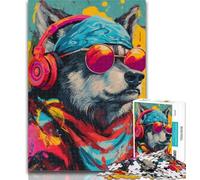 Jigsaw Wolf with Headphones 1000 Piece Jigsaw Puzzles for Adults,Stress Reliever Difficult Challenge Enhance Love between Couples 50x75cm