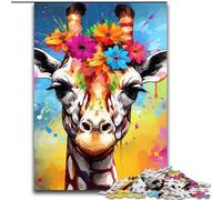 JigsawPuzzle 1000 Pieces for Adults Giraffe Wearing Flowers Wooden Jigsaw size : 50x75cm Home Activity for Holidays, Birthdays, And Family Game Nights