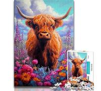 JigsawPuzzle 1000 Pieces for Adults Highland Cow And Flowers,Help The Brain Exercise Addictive Toys to Cultivate Patience Perfect Decoration 38x26cm