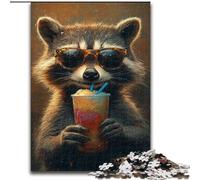 JigsawPuzzle 1000 Pieces for Adults Raccoon Drinking Juice Wooden Puzzles 50X75CM for Holidays, Birthdays, And Family Game Nights
