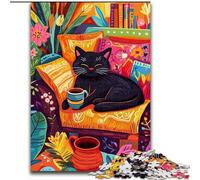 JigsawPuzzle 1000 Pieces for Teenagers Black Cat Drinking Coffee, Suitable for People Aged 14 And Above Educational Games Secret Santa Gifts (Size 26x38cm)