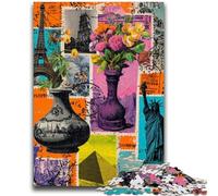 JigsawPuzzle 1000 Pieces for Teenagers Paris Stamp Collage for And 14 Years And over Educational Challenge Fun Activities at Home, Birthday Gifts, Travel Gifts 50x75cm