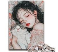 JigsawPuzzle 1000 Pieces for Teenagers Sleeping Girl And Cat Family Game Stress Reliever Difficult Challenge Artists Collection, Fine Art 50x75cm