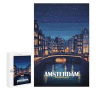 Jigsaws 1000 PCS for Teenagerss Amsterdam Netherlands Night Cityscape Jigsaw Puzzle Brain Teaser Game Stress Reliever Challenging To Complete 1000 PCS