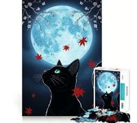 Jigsaws 1000 Pieces for Adults Black Cat Under Moonlight with Maple Leaves Sharp Joint Play, Problem Solve Toy, Calm Fun Time, Christmas Art Display (38x52cm)