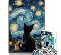 Jigsaws 1000 Pieces for Adults Black Cat Under The Night Sky,Stress Reliever Difficult Challenge Every Piece Is Unique - Challenging Family Fun Game (38x26cm)