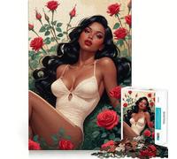 Jigsaws 1000 Pieces for Adults Black Pin-Up with Sexy Beige Bodysuit in Red Roses Sharp Joint Play, Problem Solve Toy, Calm Fun Time, Christmas Art Display (38x52cm)