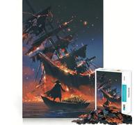 Jigsaws 1000 Pieces for Adults Burning Pirate Ship Flawless Fit Art Mind Game Gift Slow Game Play Christmas Wall Art (38x52cm)