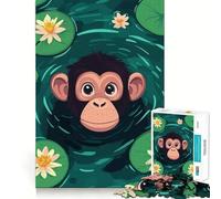 Jigsaws 1000 Pieces for Adults Cartoon Monkey in Lily Pond Illustration Flawless Fit Art Mind Game Gift Slow Game Play Christmas Wall Art (38x52cm)