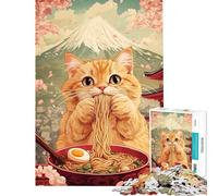Jigsaws 1000 Pieces for Adults Cat Eating Ramen with Mount Fuji Difficult And Challenge Pattern Assembly Practical Game Suitable for People Aged 14 And Above (38X52cm)