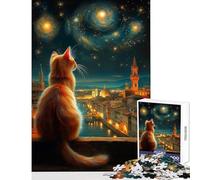 Jigsaws 1000 Pieces for Adults Cat Gazing at Florence Under Starry Sky Impossible Game Learning Educational Educational Toy Wishlist with Santa Claus (38x52cm)