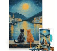 Jigsaws 1000 Pieces for Adults Cats by The Moonlit River Clean Fit Decor Brain Exercise Toy Cozy Time Play Birthday Fun Play (50x75cm)