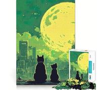 Jigsaws 1000 Pieces for Adults Cats Watching The Moon over Cityscape Exact Cut Art Cognitive Teaser Toy Relax Time Game Christmas Art Gift (38x52cm)